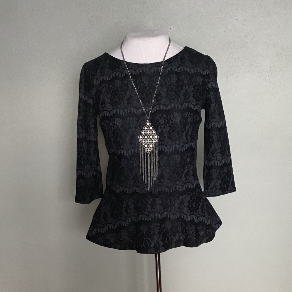 Ann Taylor Black Floral Lace Overlay 3/4 Sleeve Peplum Blouse Size SP